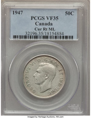 image for: George VI "Curved Right 7 - Maple Leaf" 50 Cents 1947 VF35 PCGS