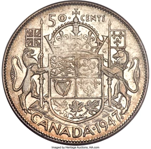 image for: George VI "Curved Right 7 - Maple Leaf" 50 Cents 1947 VF35 PCGS