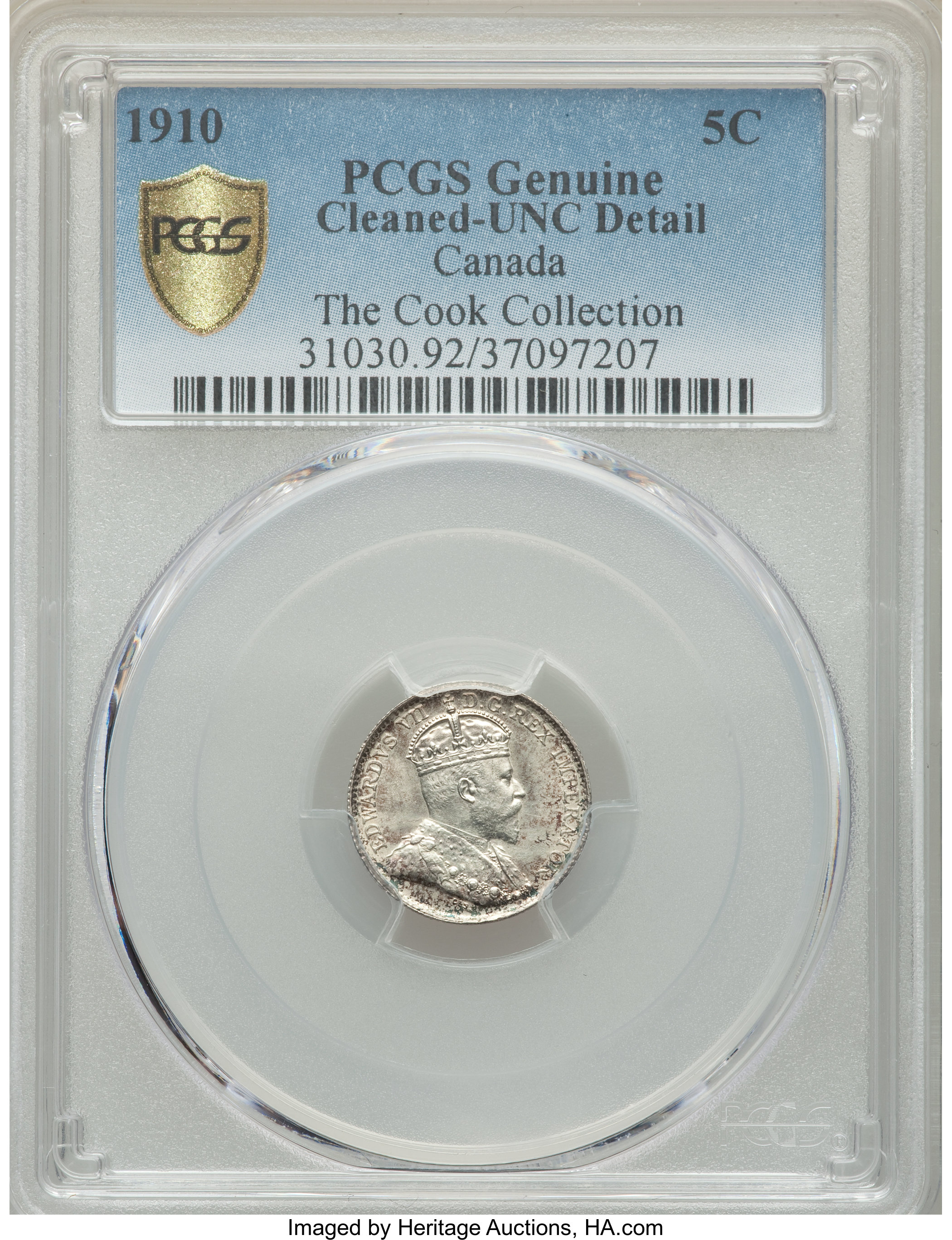 image for: Edward VII "Round Leaves" 5 Cents 1910 UNC Details (Cleaned) PCGS