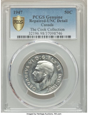 image for: George VI "Curved Right 7 - Maple Leaf" 50 Cents 1947 UNC Details (Repaired) PCGS