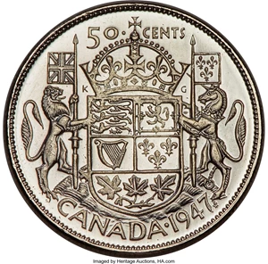 image for: George VI "Curved Right 7 - Maple Leaf" 50 Cents 1947 UNC Details (Repaired) PCGS