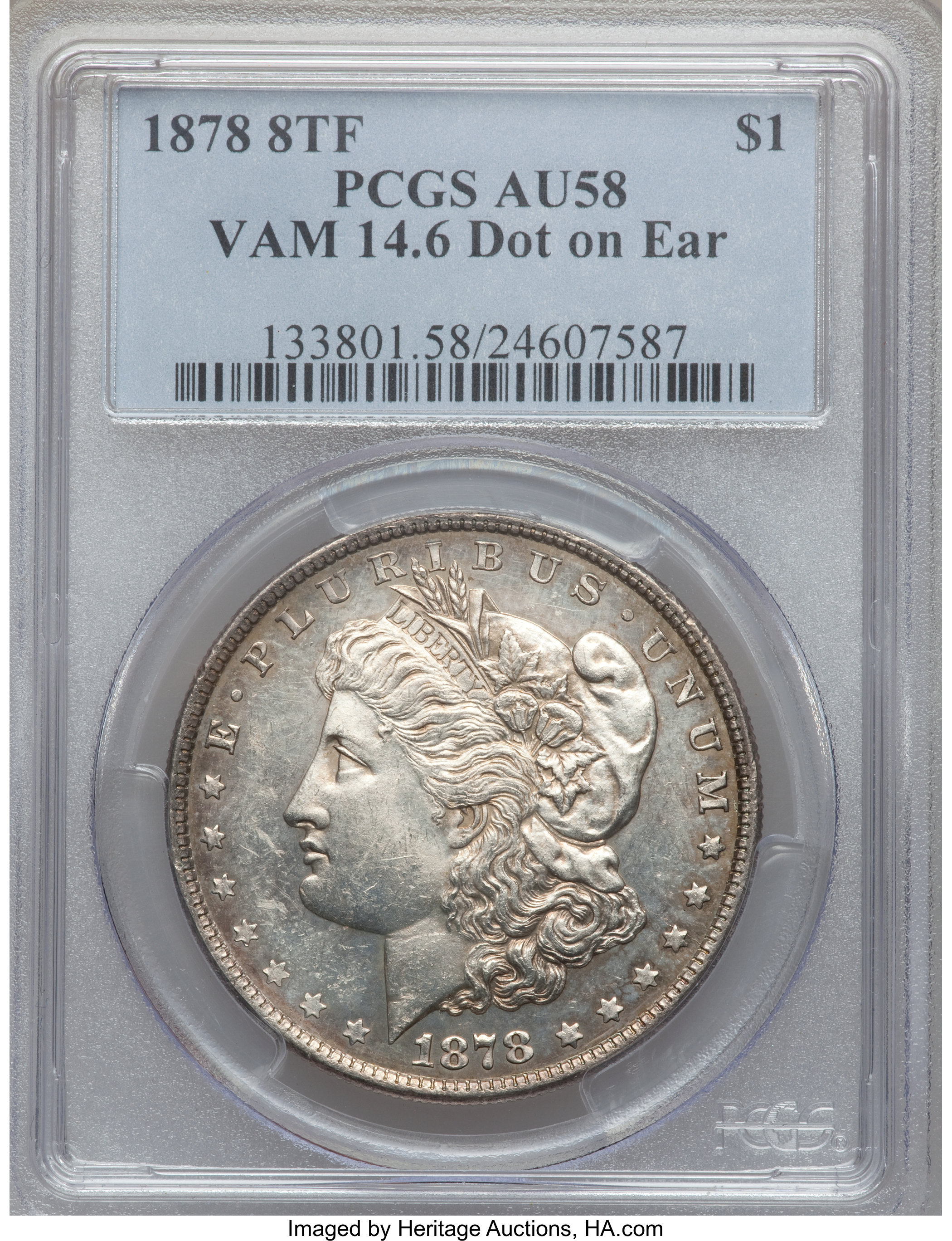 image for: 1878 8TF $1 Dot on Ear, VAM-14.6 AU58 PCGS. PCGS Population (2/9). NGC Census: (0/0).From The Parcfeld Collection....
