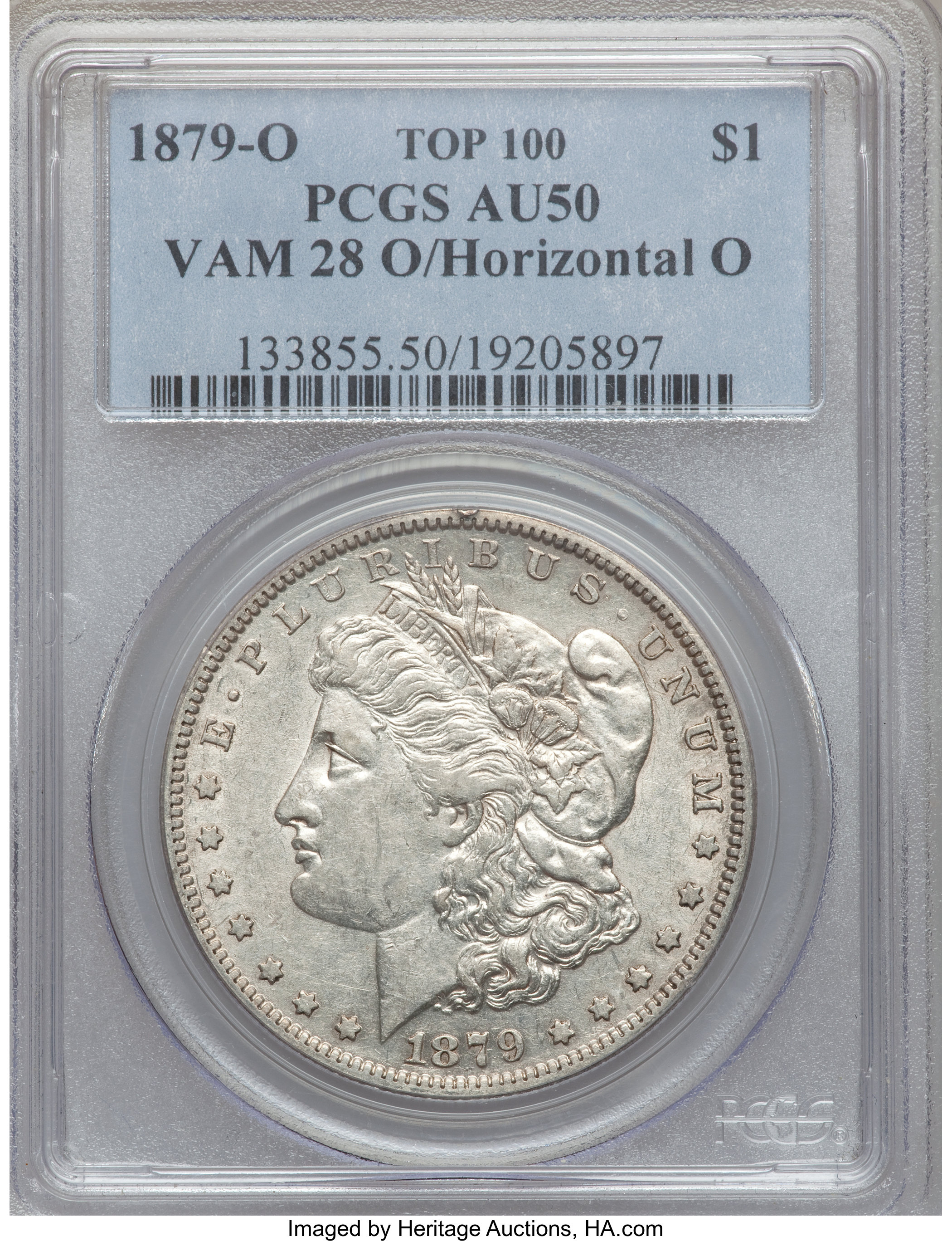 image for: 1879-O $1 O Over Horizontal O, VAM-28 AU50 PCGS. Top-100. PCGS Population (5/14). NGC Census: (0/0).From The Parcfeld C...