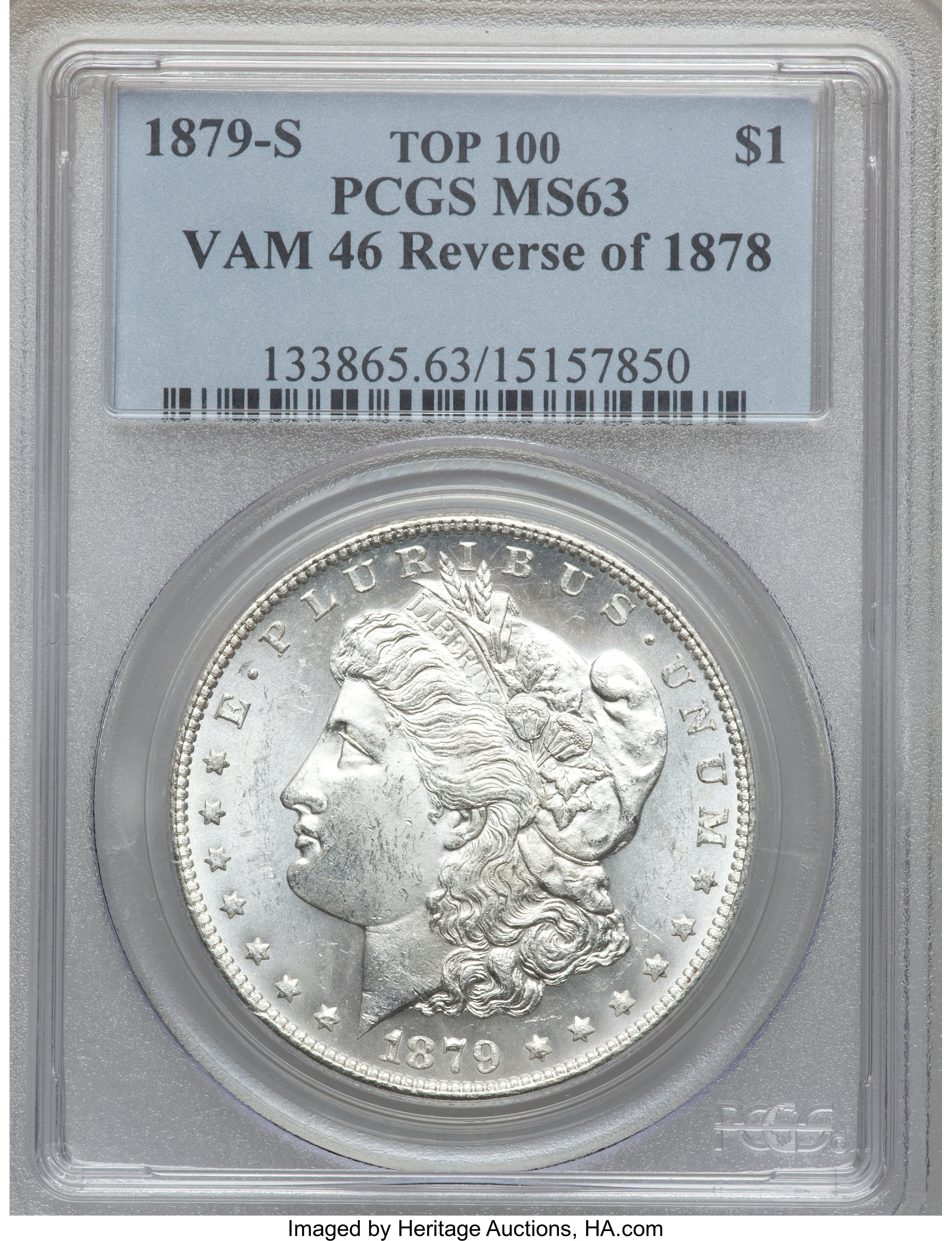 image for: 1879-S $1 Reverse of 1878, VAM-46 MS63 PCGS. Top-100. PCGS Population (7/1). NGC Census: (0/0).From The Parcfeld Collec...