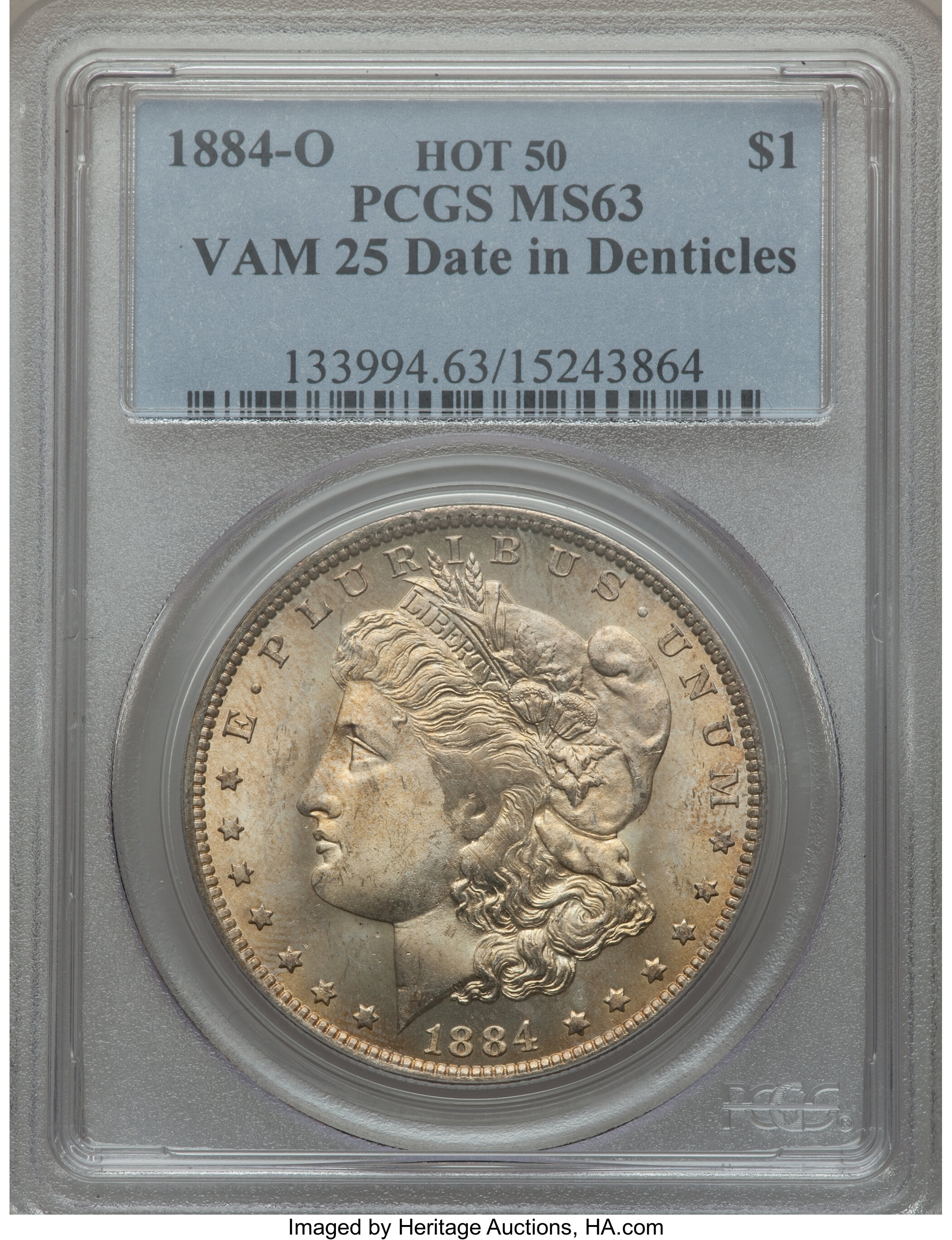 image for: 1884 $1 VAM-2A, Partial E Reverse MS61 PCGS. Hot-50; 1884-O VAM-10, Overdate MS62 PCGS. Hot-50; 1884-O VAM-25, Date i... (Total: 3 coins)