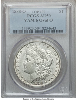 image for: 1888-O $1 Oval O, VAM-6 AU50 PCGS. Top 100. PCGS Population (6/23). NGC Census: (0/0).From The Parcfeld Collection....