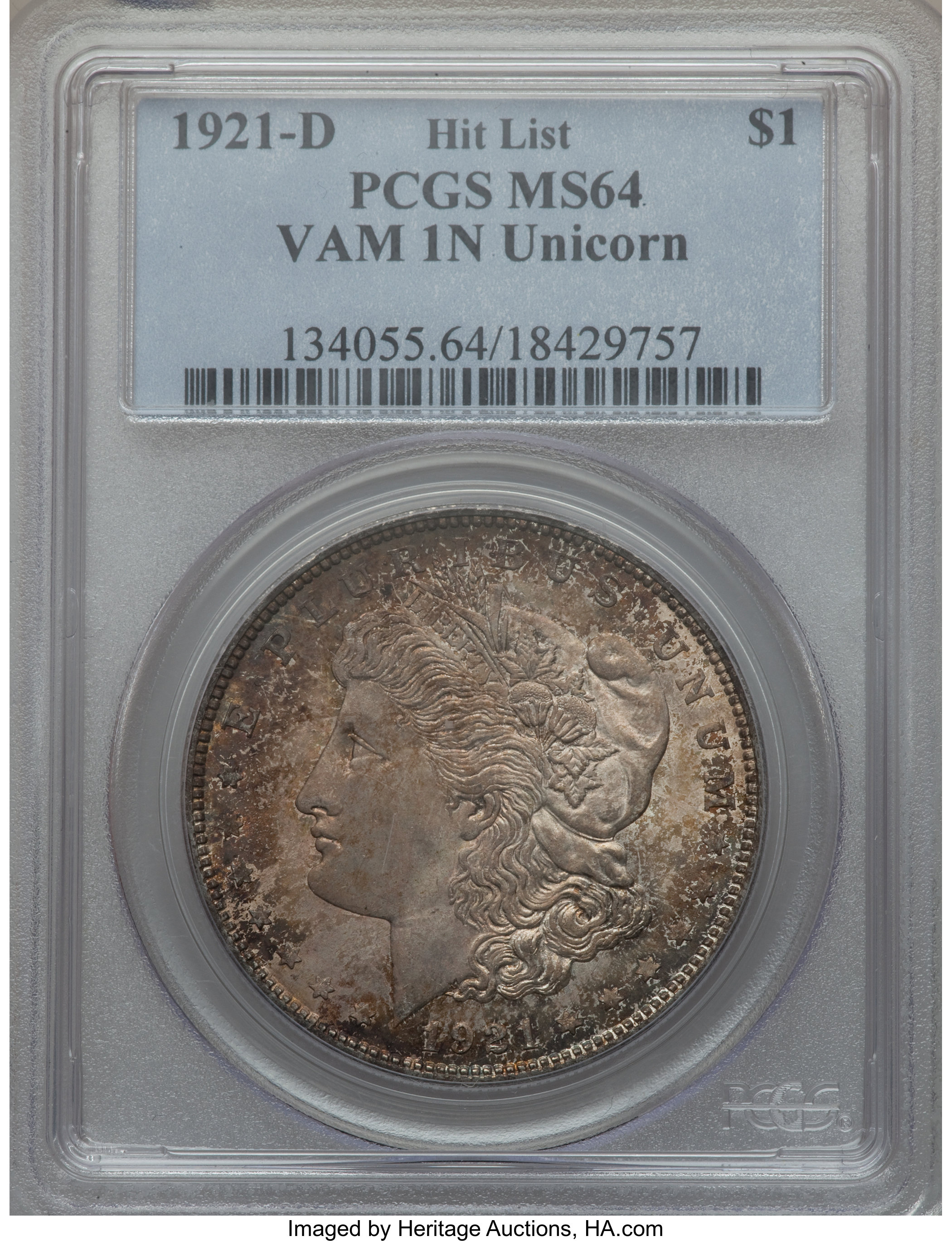 1921-D $1 Unicorn, VAM-1N MS64 PCGS. Hit List. PCGS Population (6/7). NGC Census: (0/0). From The Parcfeld Collection. ...