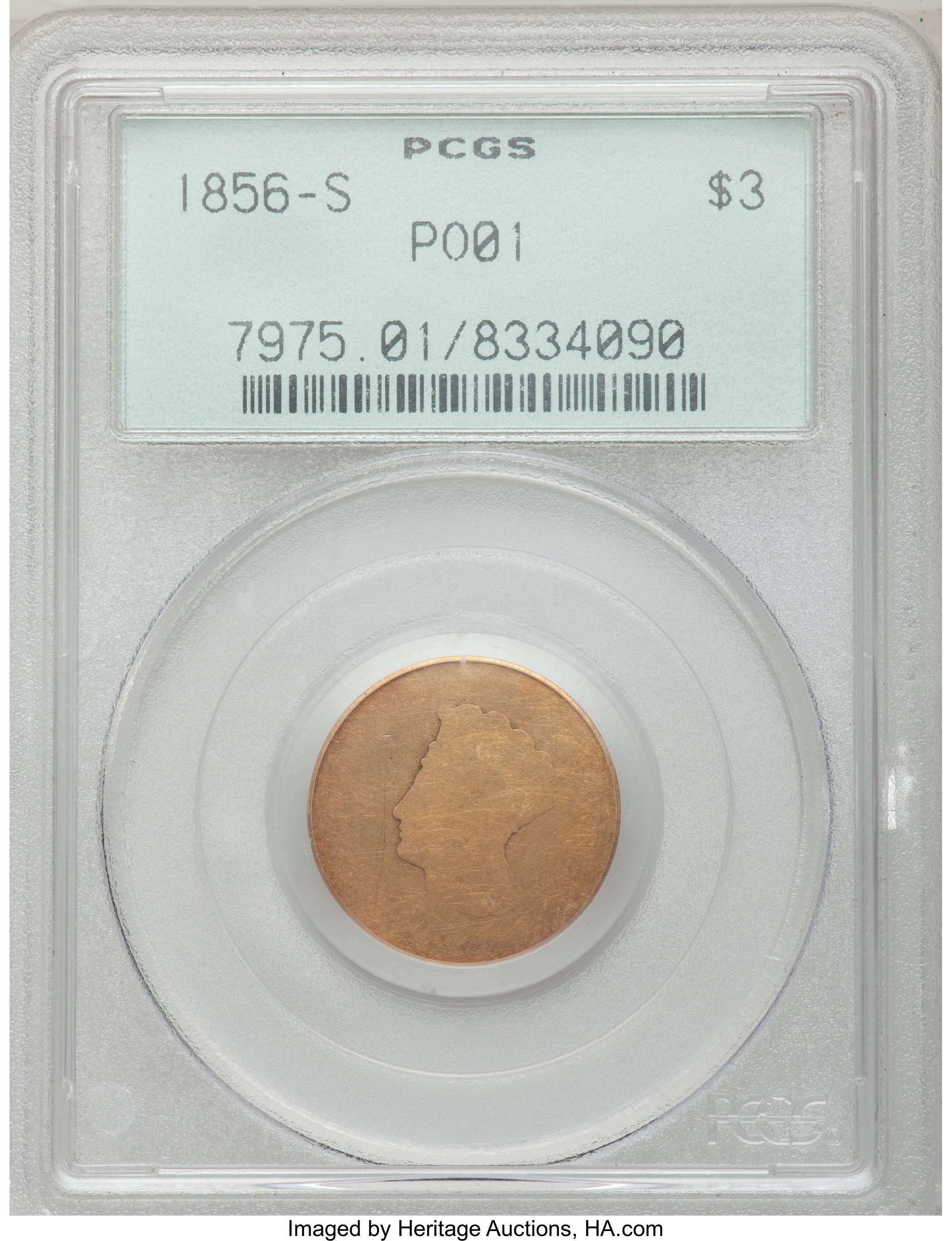 1856-S $3 Poor 1 PCGS. PCGS Population (1/423). NGC Census: (0/525). Mintage: 34,500. Numismedia Wsl. Price for problem fre...