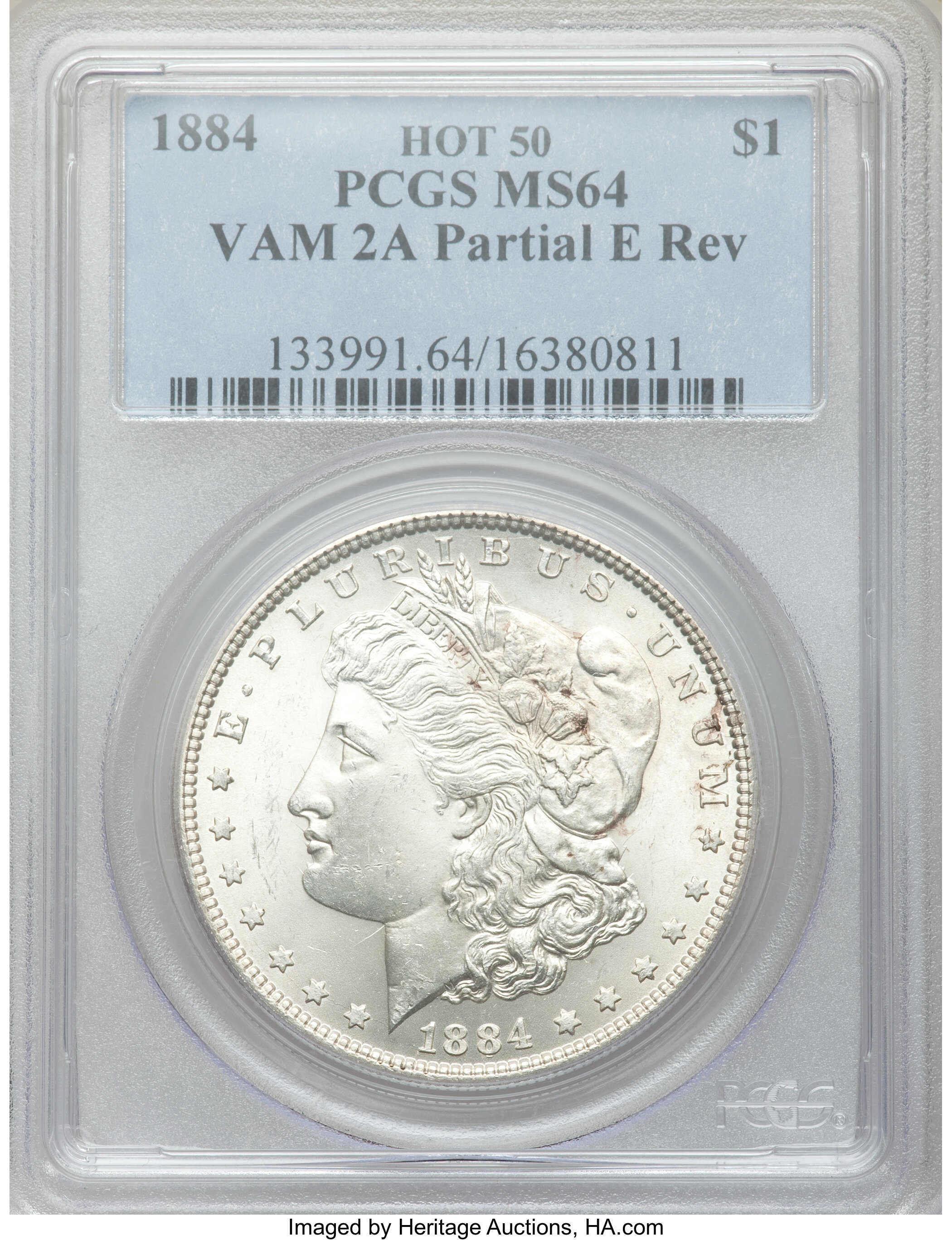 image for: 1884 $1 Partial E Reverse MS64 PCGS. VAM-2A. HOT-50. PCGS Population (40/17). NGC Census: (0/0)....