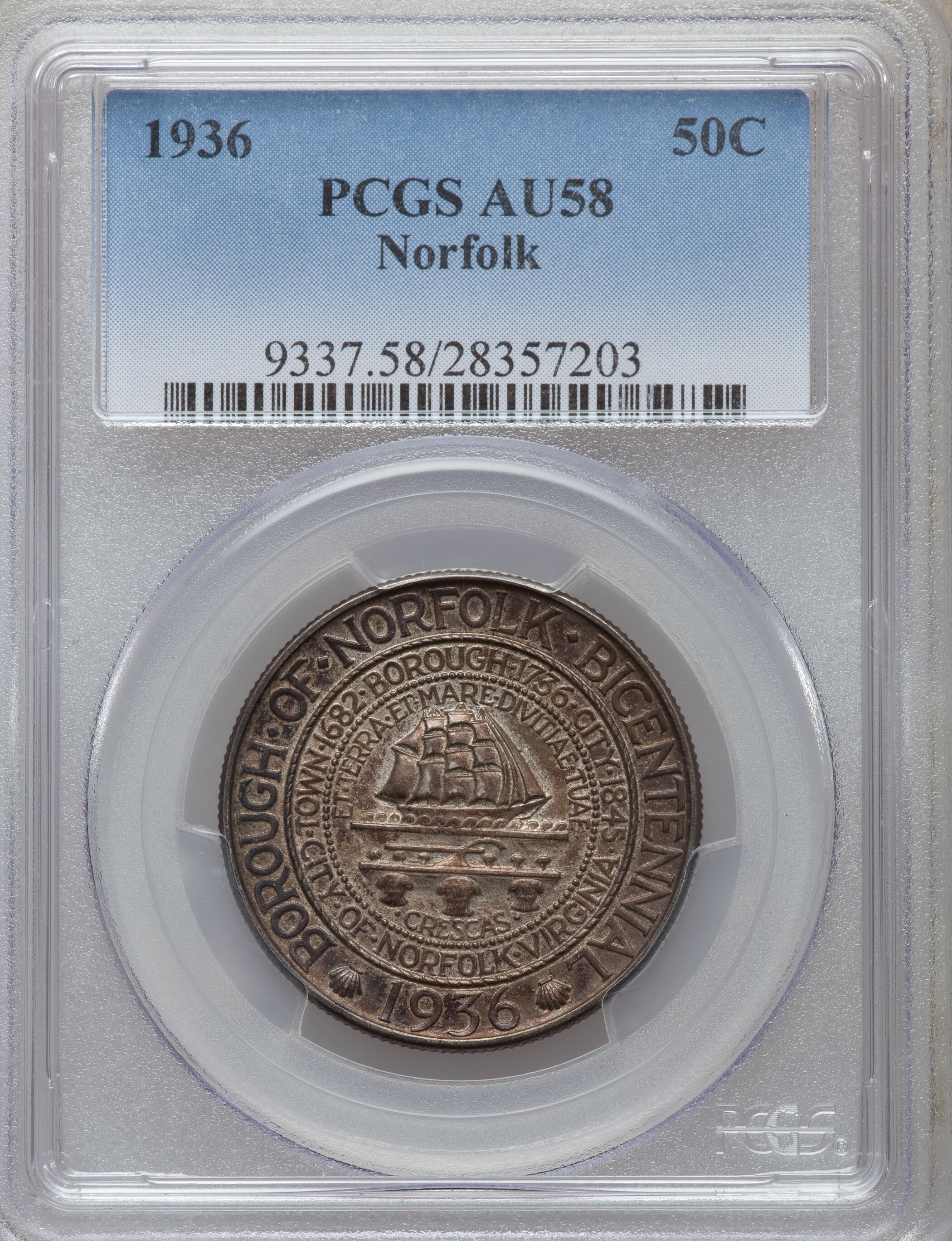 1936 50C Norfolk AU58 PCGS. PCGS Population (3/4746). NGC Census: (0/2633). Mintage: 16,936. Numismedia Wsl. Price for prob...