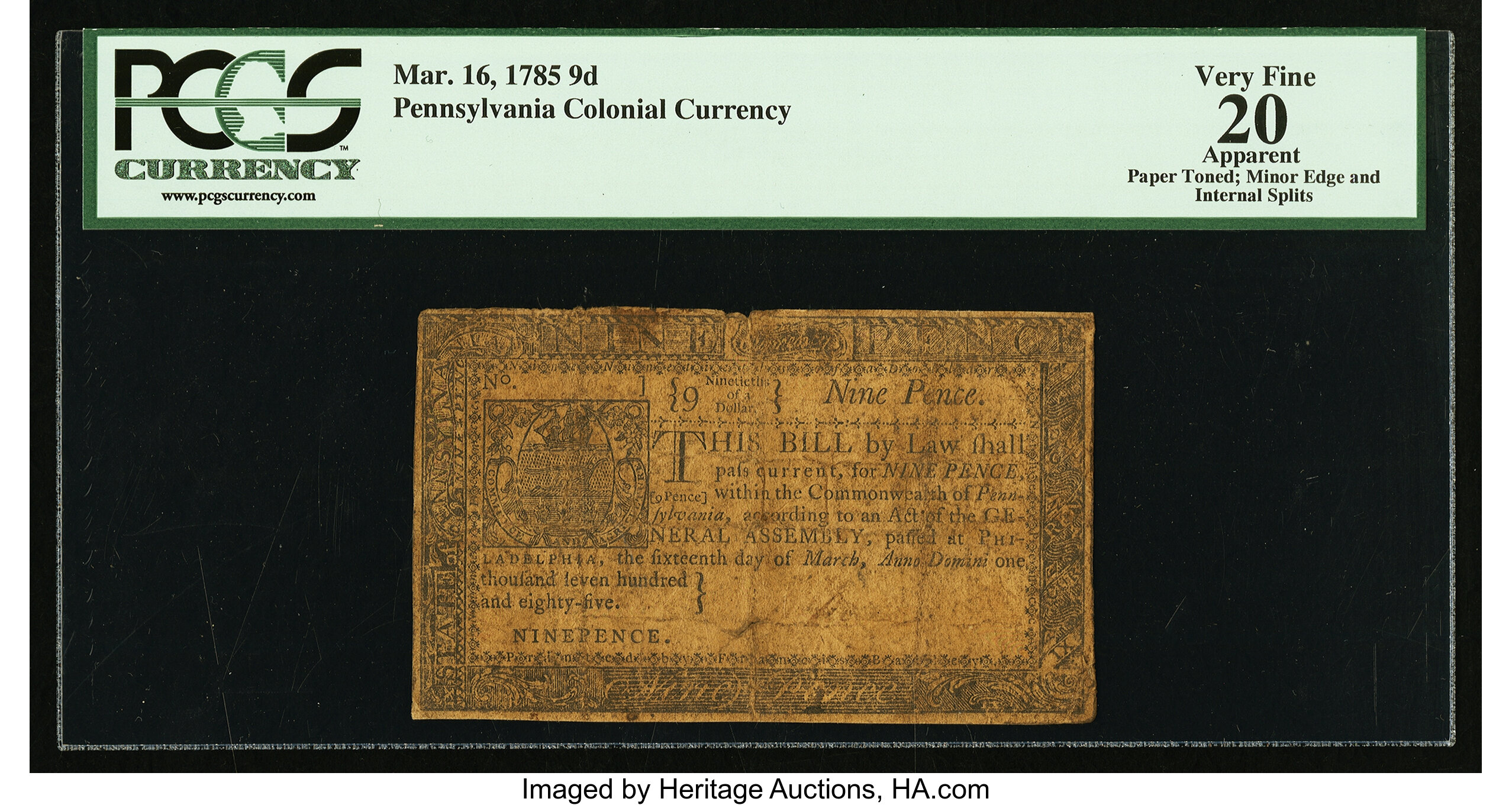 image for: Pennsylvania March 16, 1785 9d PCGS Apparent Very Fine 20....