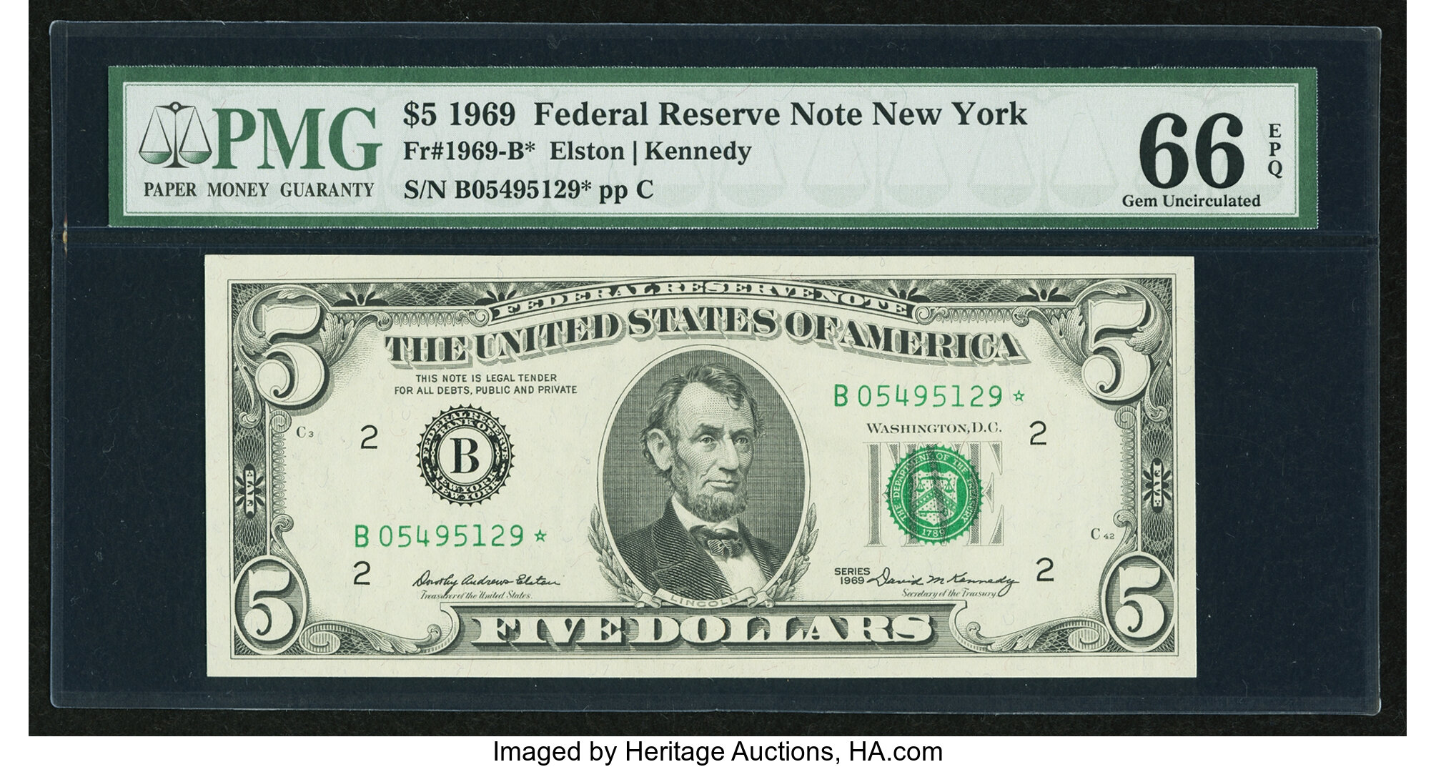 image for: Tied for Top Pop Fr. 1969-B $5 1969 Federal Reserve Note. PMG Gem Uncirculated 66 EPQ....
