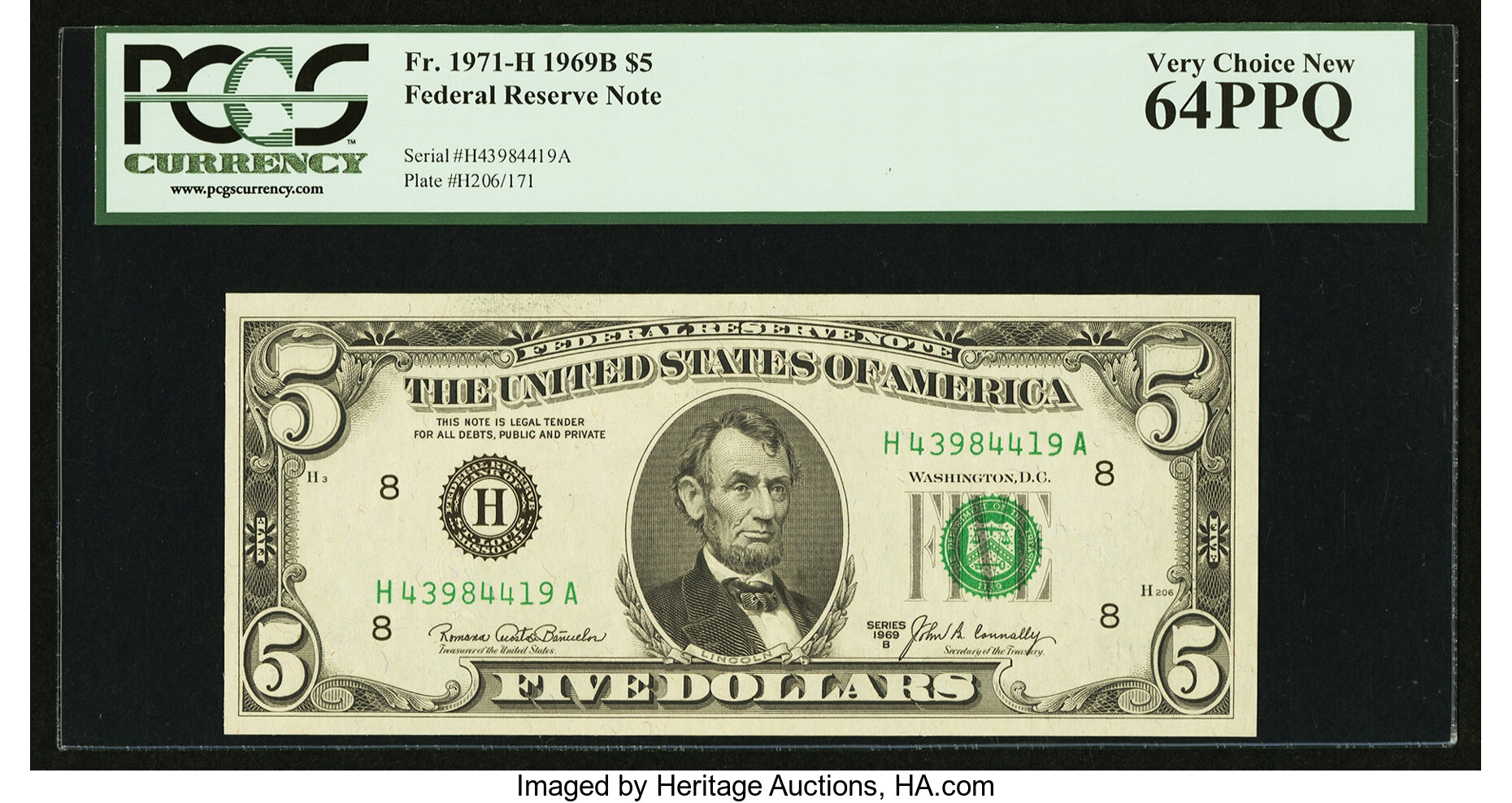 image for: Fr. 1971-H $5 1969B Federal Reserve Note. PCGS Very Choice New 64PPQ....