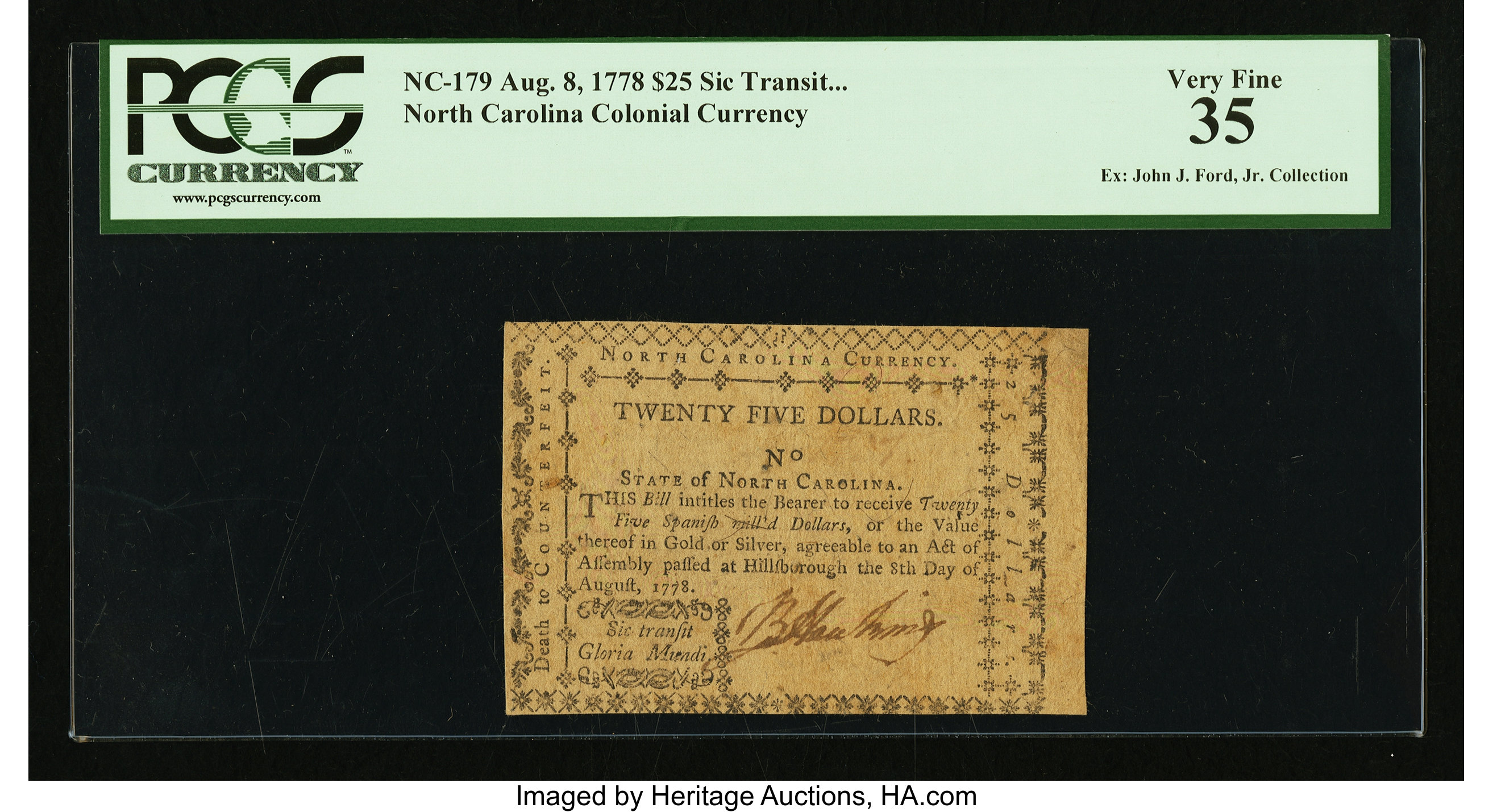 image for: North Carolina August 8, 1778 $25 Sic Transit Gloria Mundi PCGS Very Fine 35....