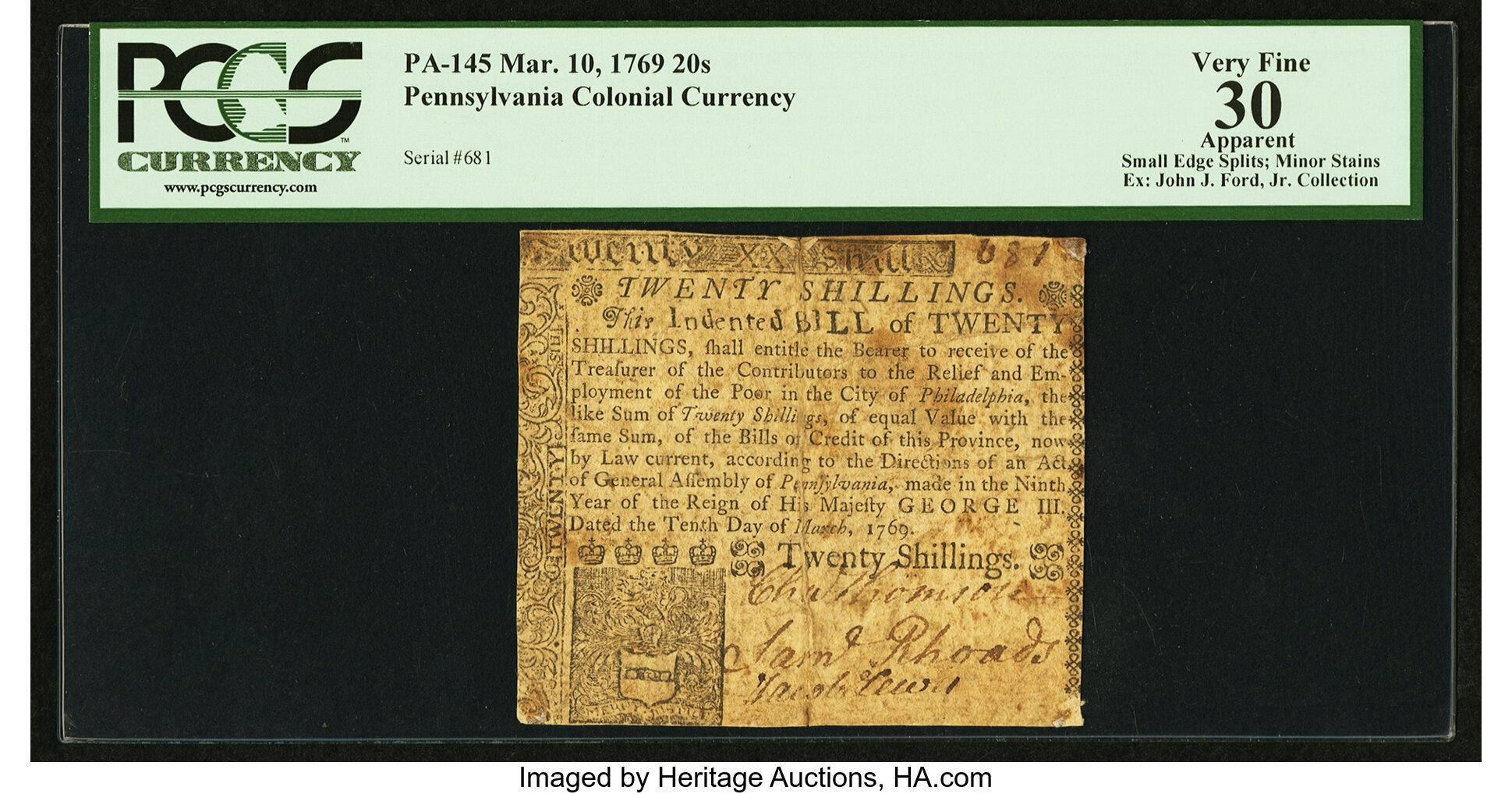 image for: Pennsylvania March 10, 1769 20s PCGS Apparent Very Fine 30....