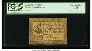image for: Virginia May 5, 1777 $8 PCGS Extremely Fine 40....
