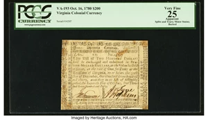 image for: Virginia October 16, 1780 $200 PCGS Apparent Very Fine 25....
