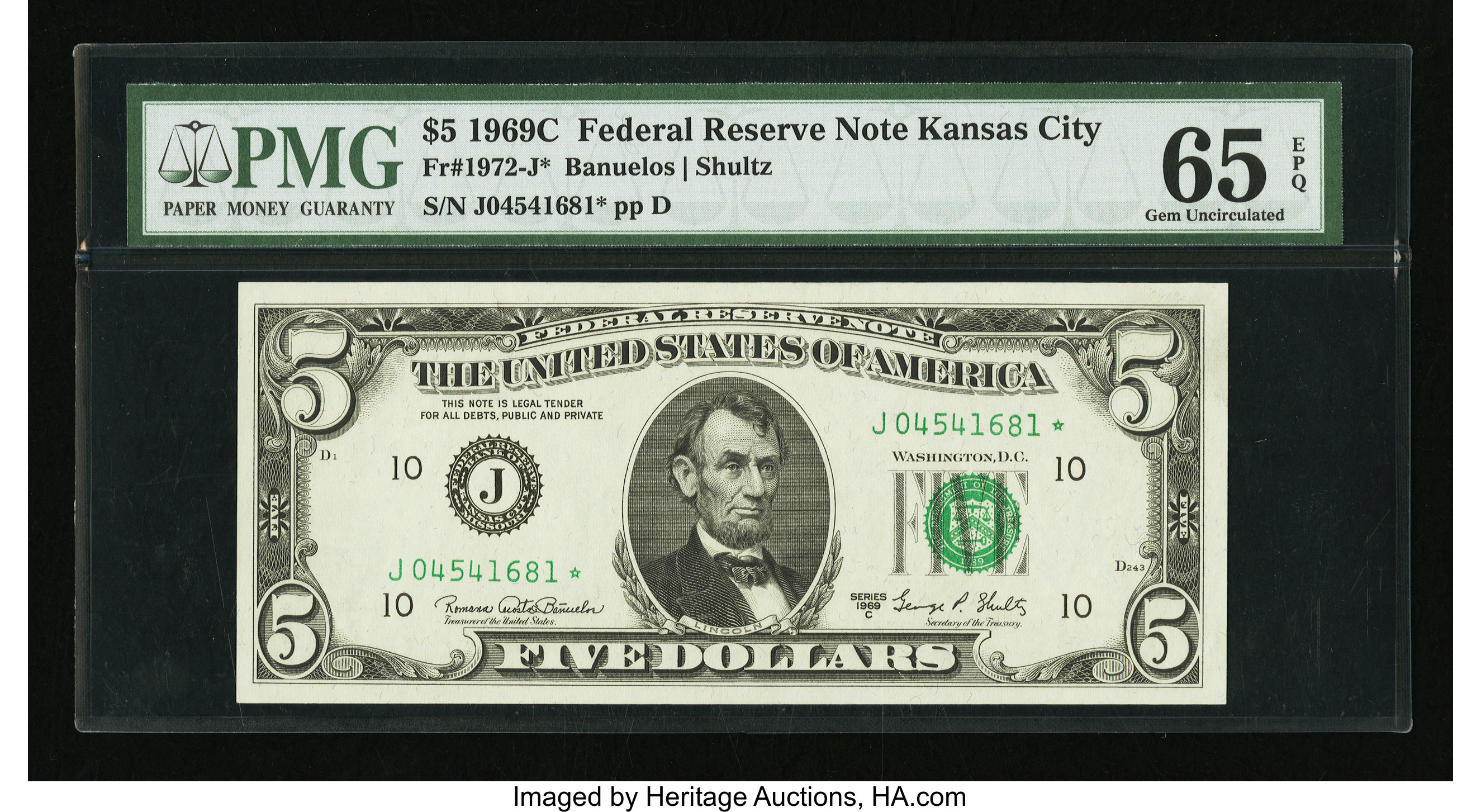 image for: Fr. 1972-J* $5 1969C Federal Reserve Note. PMG Gem Uncirculated 65 EPQ....