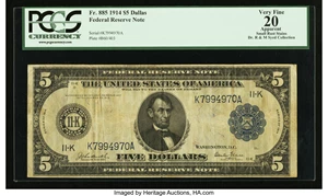 image for: Fr. 885 $5 1914 Federal Reserve Note PCGS Apparent Very Fine 20....
