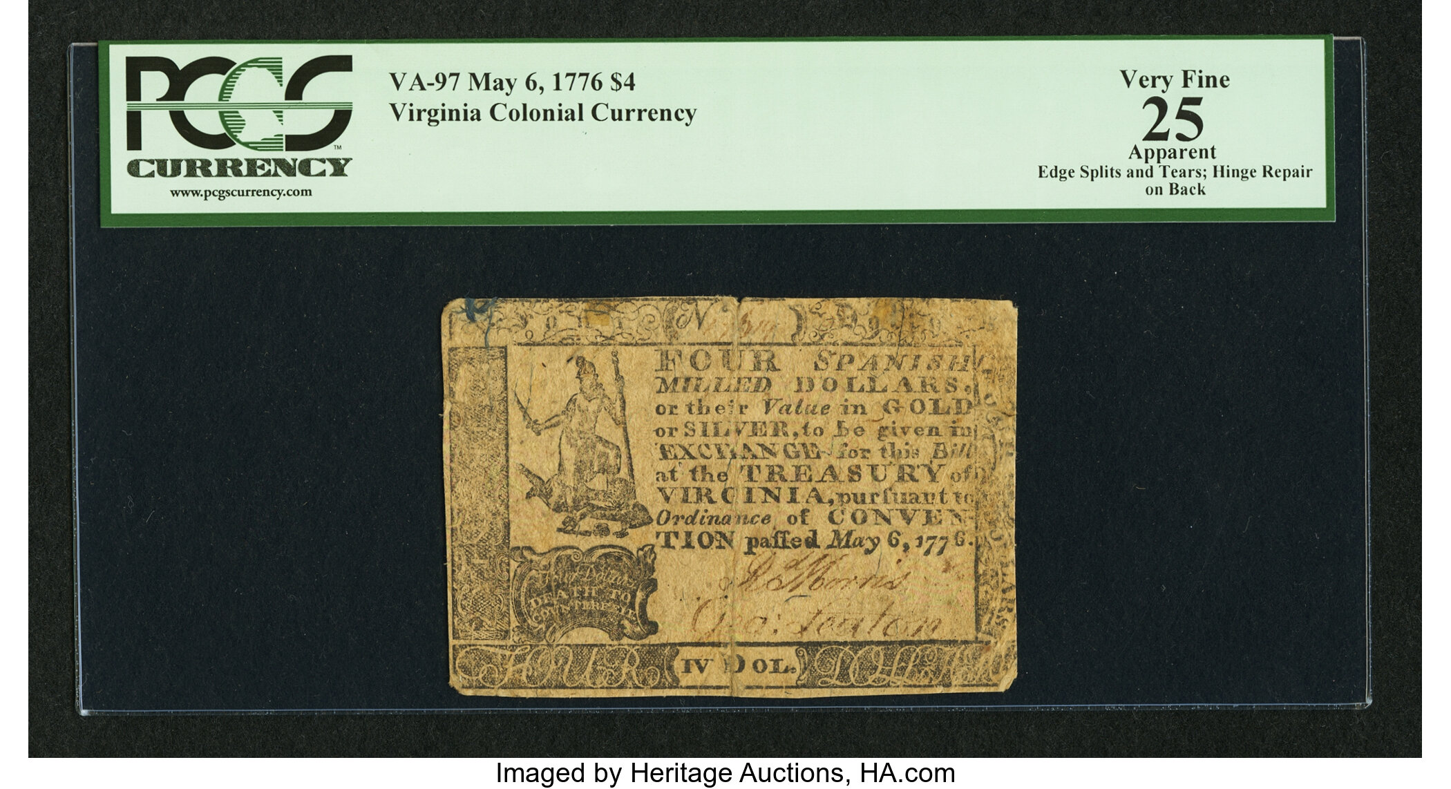 image for: Virginia May 6, 1776 $4 PCGS Apparent Very Fine 25....