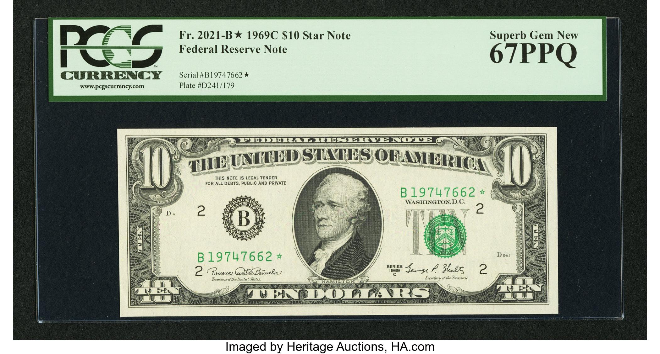 image for: Fr. 2021-B* $10 1969C Federal Reserve Note. PCGS Superb Gem New 67PPQ....