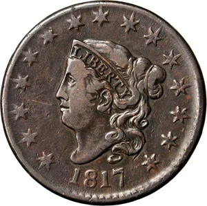 image for: 1817 Matron Head Cent. N-16. Rarity-1. Noyes Die State B. 15 Stars. VF-25 (PCGS).