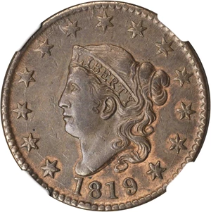 image for: 1819 Matron Head Cent. N-2. Rarity-1. Noyes Die State C/B. Large Date. AU-55 BN (NGC).
