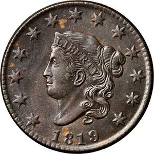 image for: 1819 Matron Head Cent. N-8. Rarity-1. Noyes Die State B. Small Date. AU-55 (PCGS).