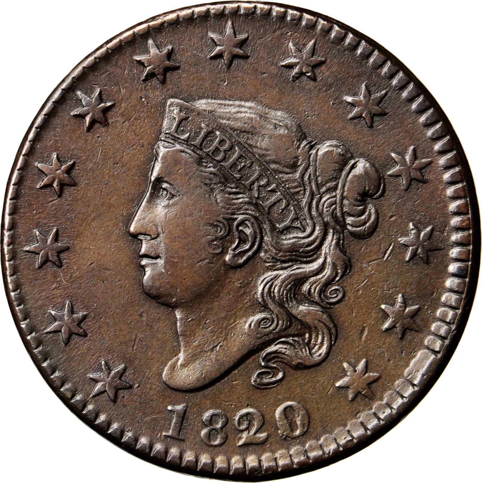 image for: 1820/19 Matron Head Cent. N-2. Rarity-2+. VF Details--Cleaning (PCGS).
