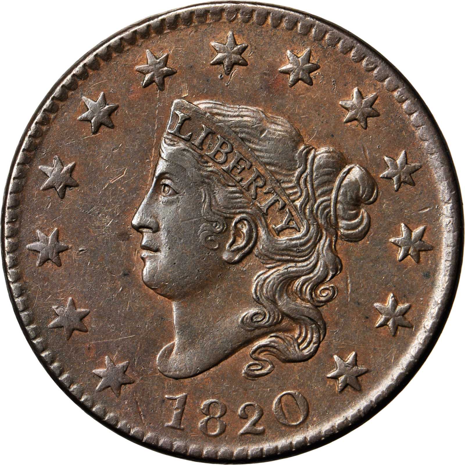 image for: 1820 Matron Head Cent. N-11. Rarity-2+. Noyes Die State A. Large Date. AU-53 (PCGS).
