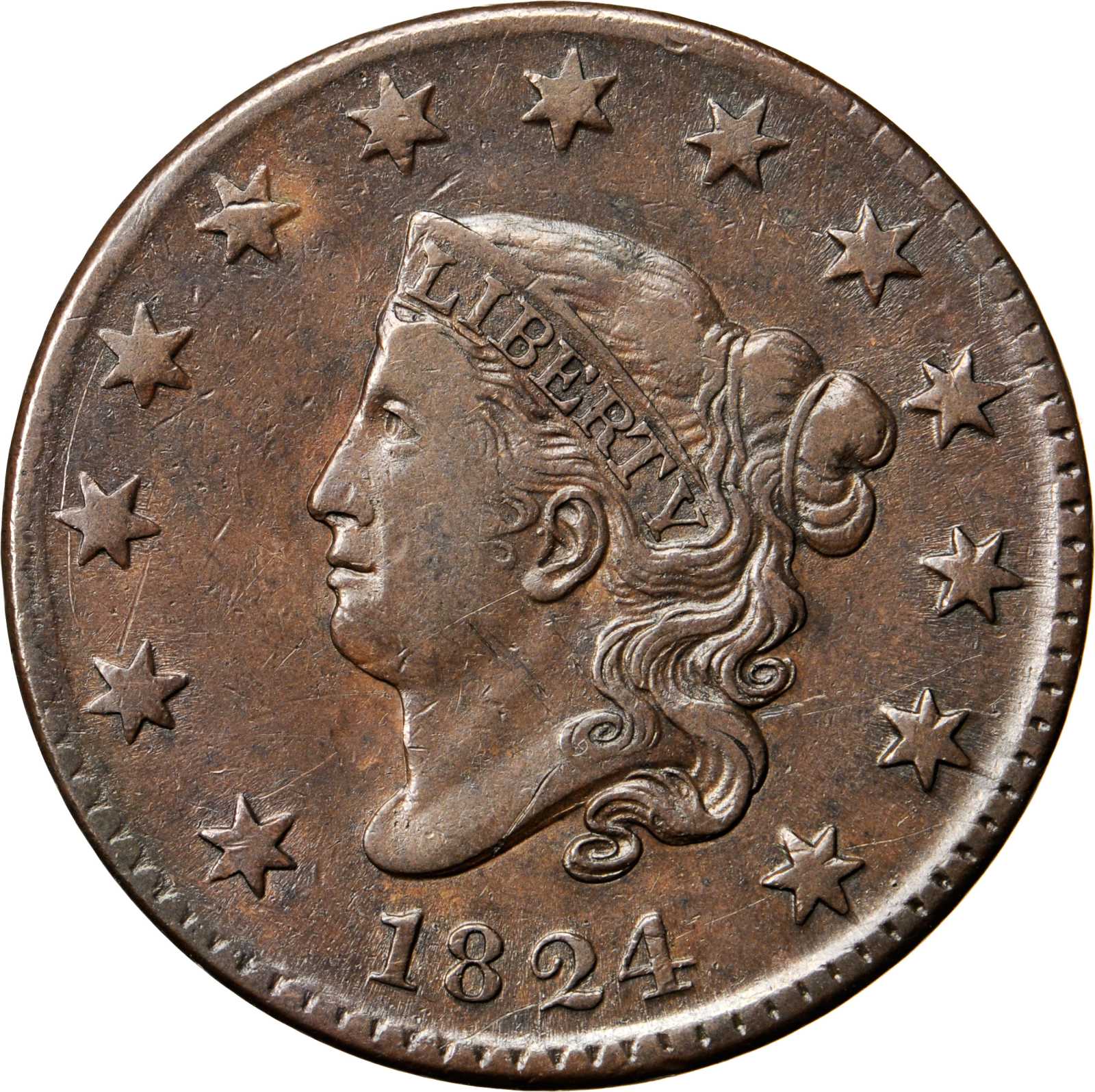 image for: 1824 Matron Head Cent. N-3. Rarity-2. VF-35 (PCGS).