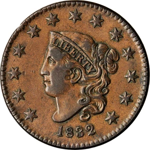 image for: 1832 Matron Head Cent. N-3. Rarity-1. Large Letters. EF-40 (PCGS).