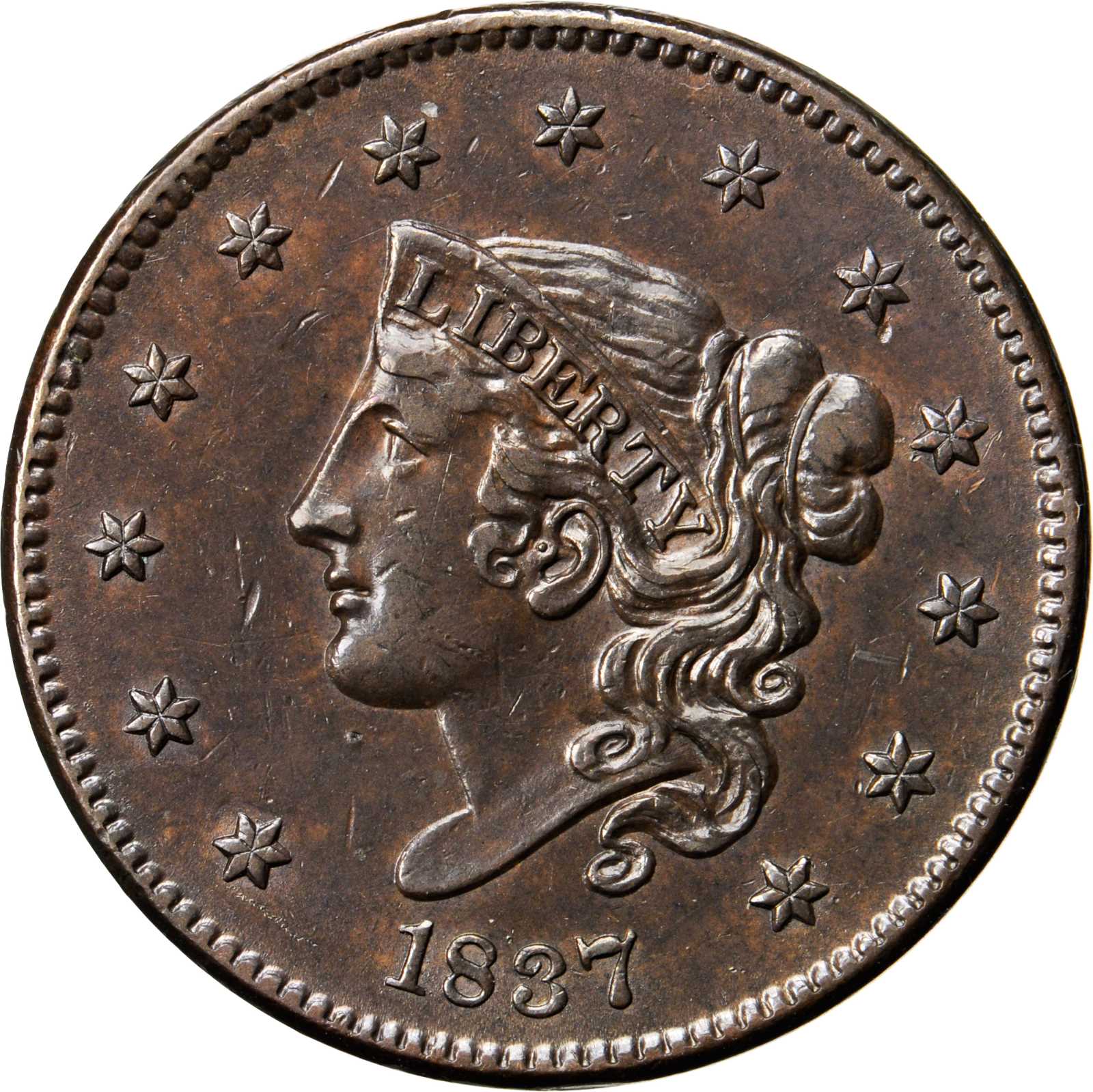 image for: 1837 Modified Matron Head Cent. N-6. Rarity-2. Plain Cord, Medium Letters. AU Details--Cleaning (PCGS).