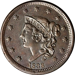image for: 1838 Modified Matron Head Cent. N-9. Rarity-3. Noyes Die State A. AU-55 (PCGS).