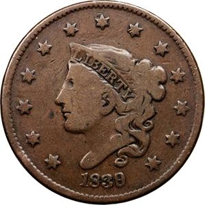 image for: 1839/6 Modified Matron Head Cent. N-1. Rarity-3+. Noyes Die State B. Plain Cords. VG-10 (PCGS).