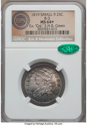 image for: 1819 25C Small 9 MS64+ NGC. CAC. B-3, R.1....