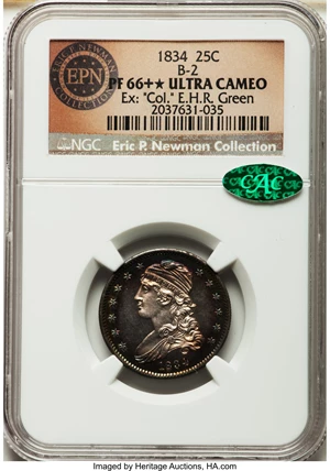 image for: 1834 25C PR66+ ★ Ultra Cameo NGC. CAC. B-2, High R.7 as proof....