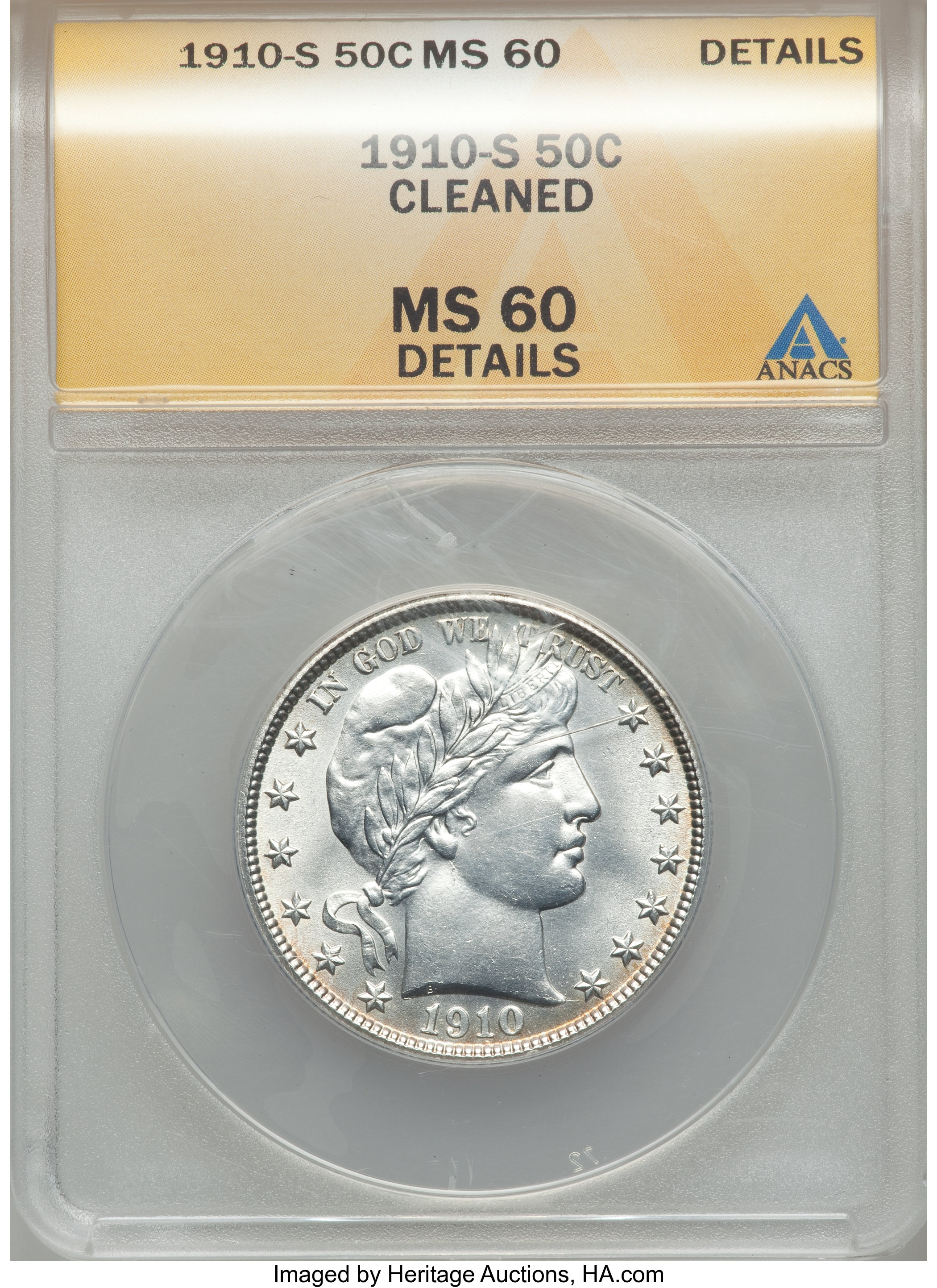 1910-S 50C -- Cleaned -- ANACS. MS60 Details. NGC Census: (0/44). PCGS Population (0/65). Mintage: 1,948,000. Numismedia Ws...