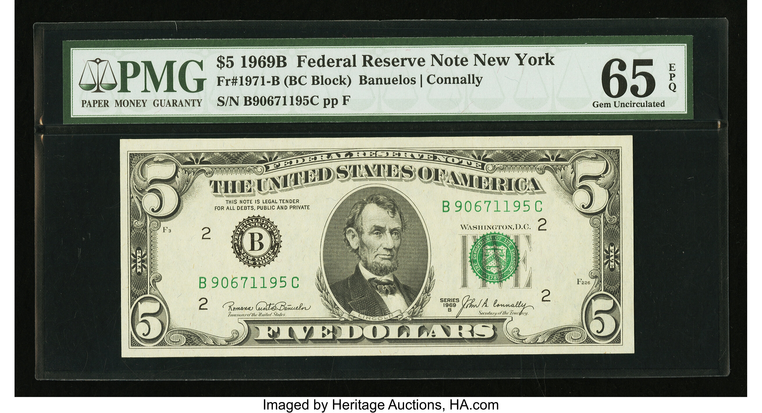 image for: Fr. 1971-B $5 1969B Federal Reserve Note. PMG Gem Uncirculated 65 EPQ....