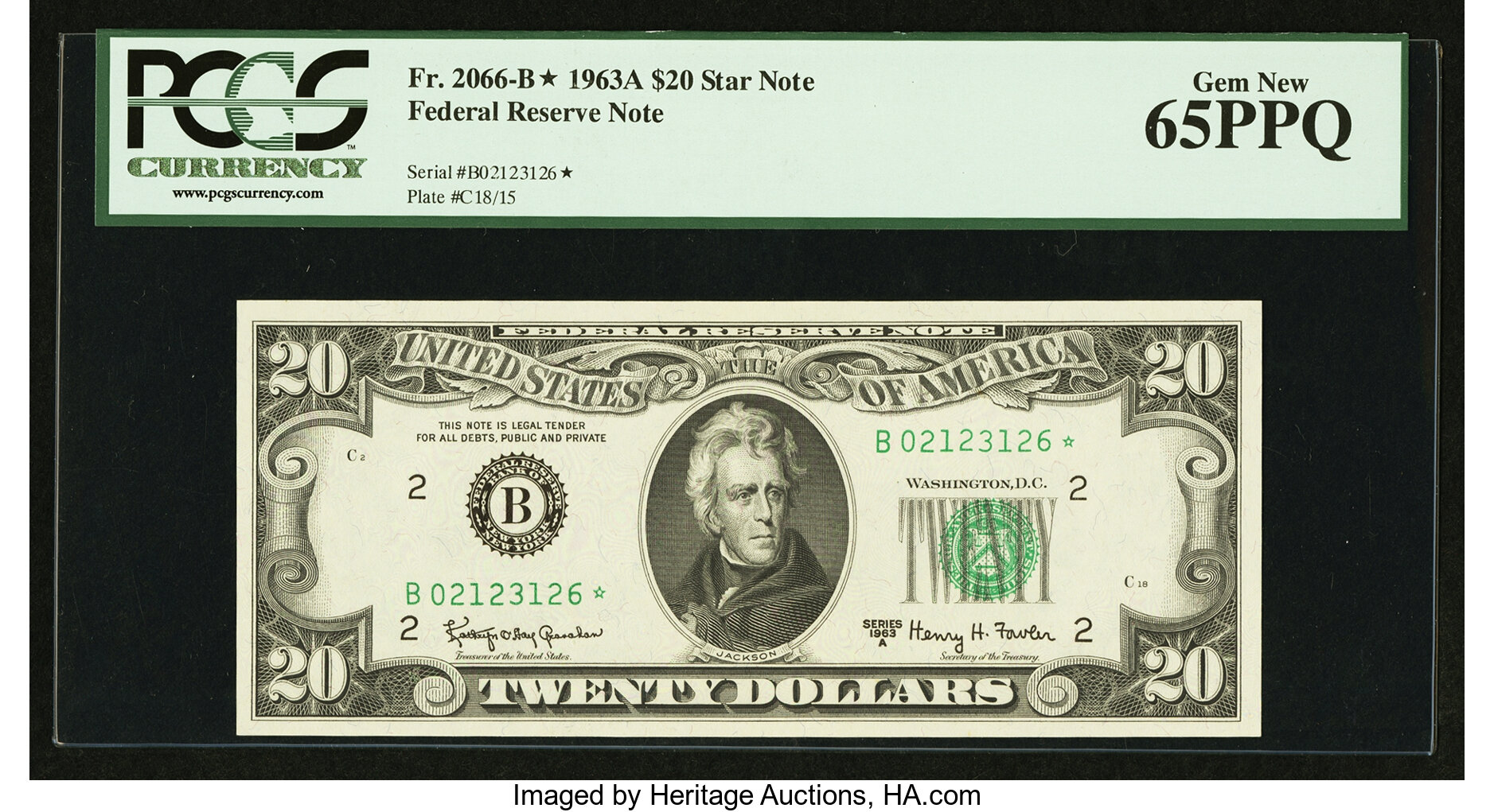 image for: Fr. 2066-B* $20 1963A Federal Reserve Note. PCGS Gem New 65PPQ....