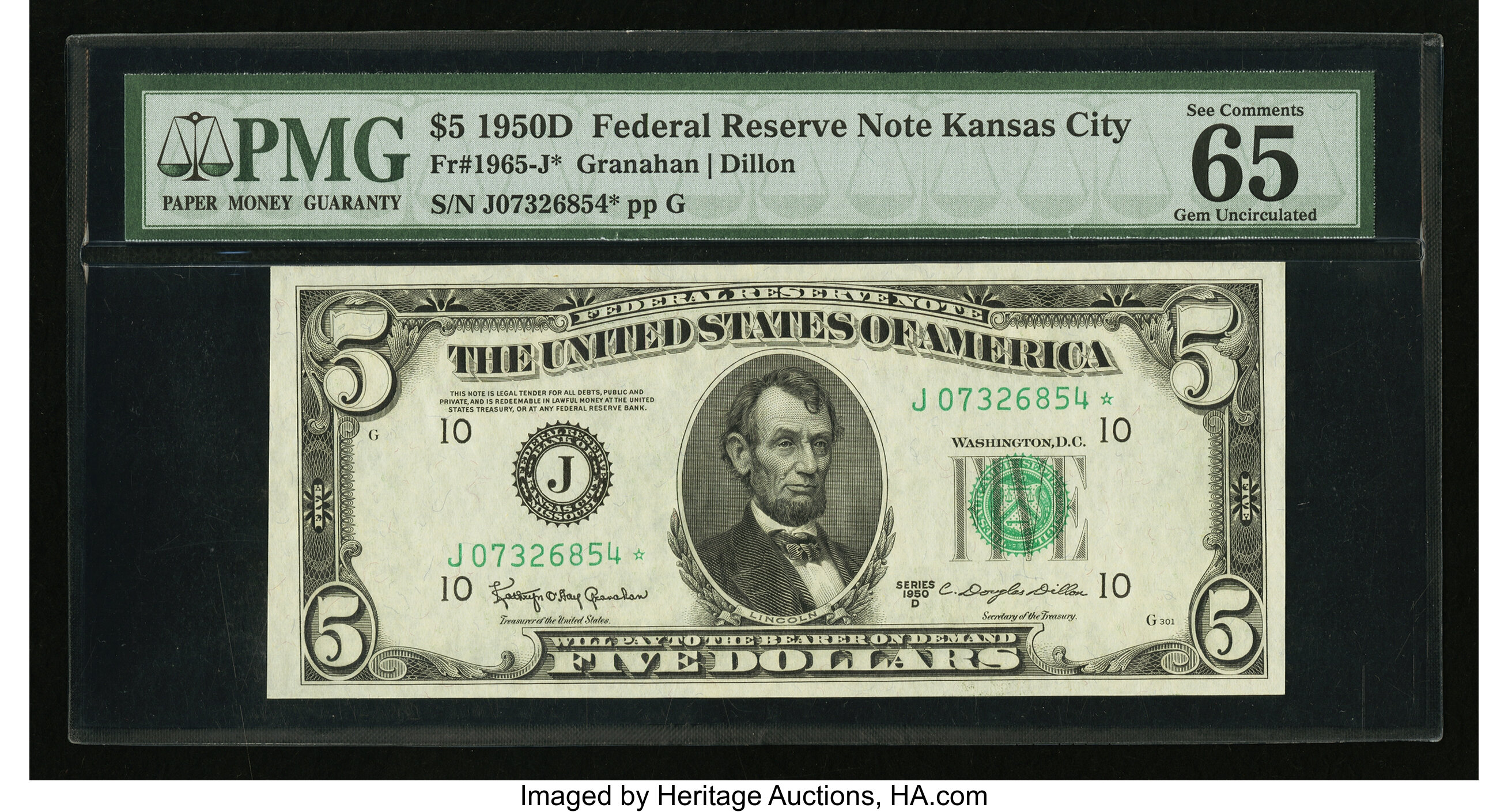 image for: Fr. 1965-J* $5 1950D Federal Reserve Note. PCGS Gem New 65PPQ....