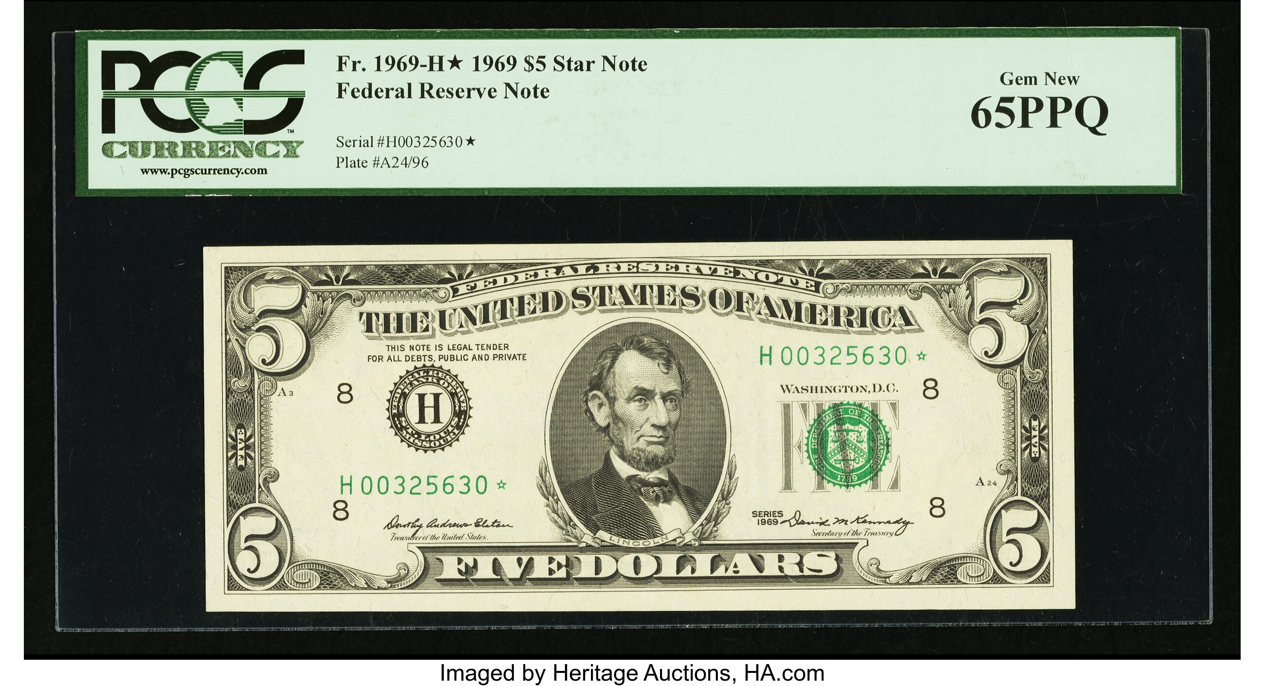 image for: Fr. 1969-H* $5 1969 Federal Reserve Note. PCGS Gem New 65PPQ....