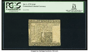 image for: Uncancelled Connecticut July 1, 1775 2s 6d PCGS Apparent Fine 12....