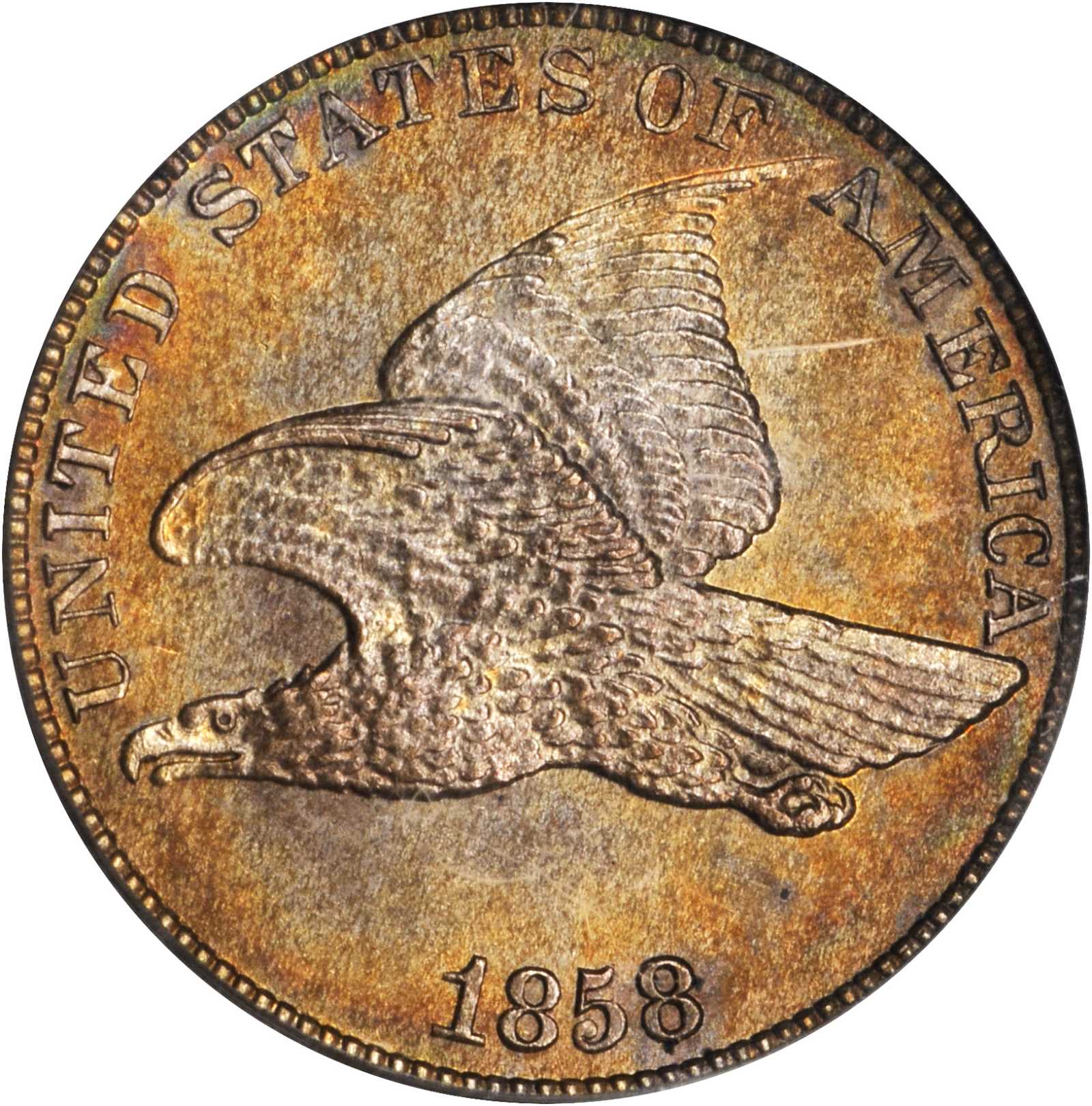 image for: 1858 Pattern Flying Eagle Cent. Judd-198, Pollock-229. Rarity-6-. Copper-Nickel. Plain Edge. Proof-63 (PCGS). OGH. Eagle Eye Photo Seal.