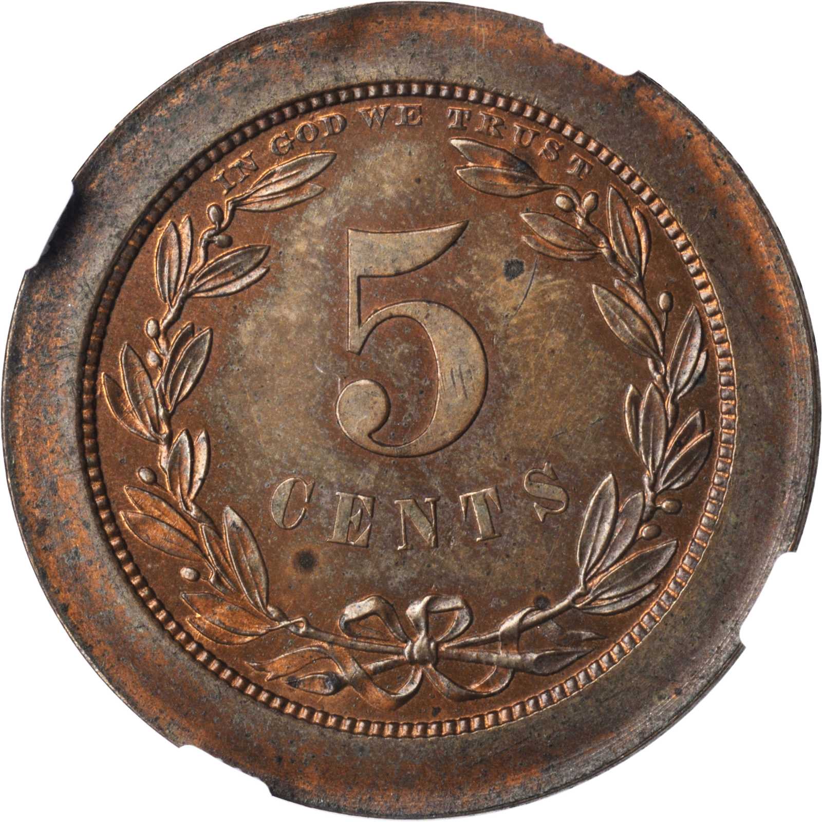 image for: 1868 Pattern Five-Cent Piece. Judd-627, Pollock-696. Rarity-7-. Copper. Plain Edge. Proof-63 BN (NGC).