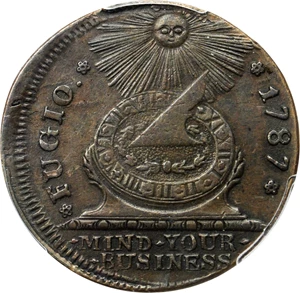 image for: 1787 Fugio Copper. Pointed Rays. Newman 11-A, W-6780. Rarity-6. UNITED above, STATES below, 4 Cinquefoils. AU-50 (PCGS).