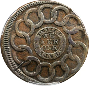 image for: 1787 Fugio Copper. Pointed Rays. Newman 11-A, W-6780. Rarity-6. UNITED above, STATES below, 4 Cinquefoils. AU-50 (PCGS).