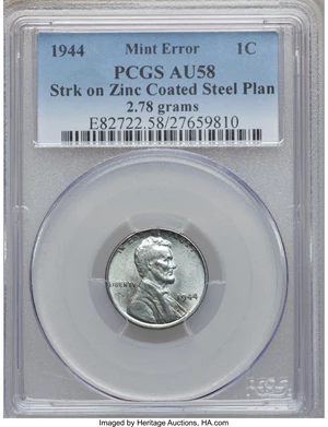 image for: 1944 1C -- Struck on a Zinc-Coated Steel Planchet -- AU58 PCGS....