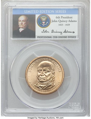 image for: (2008) $1 John Quincy Adams, Missing Edge Lettering, Satin Finish SP66 PCGS. This Presidential dollar missed the production...