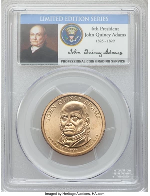 image for: (2008) $1 John Quincy Adams, Missing Edge Lettering, Satin Finish MS65 PCGS. This Presidential dollar missed the production...